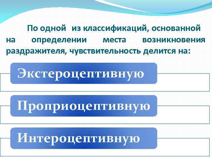 По одной из классификаций, основанной на определении места возникновения раздражителя, чувствительность делится на: Экстероцептивную