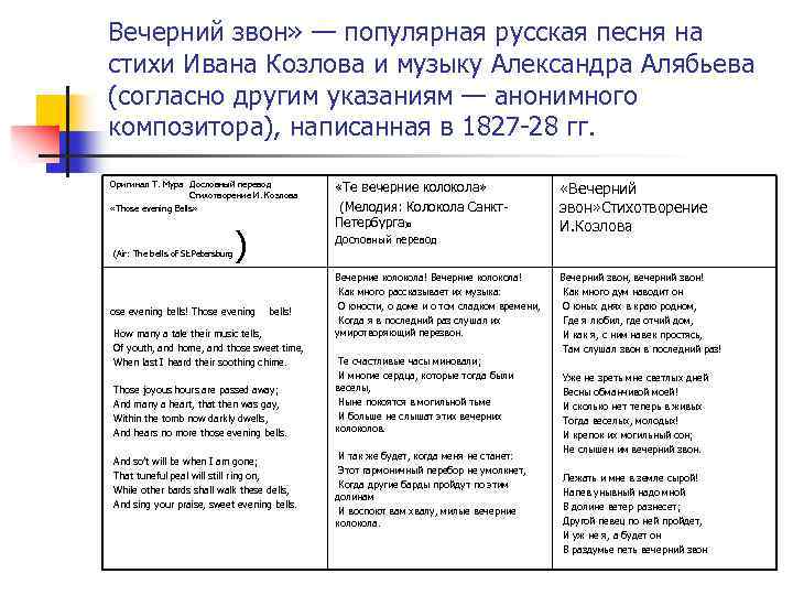 Вечерний звон» — популярная русская песня на стихи Ивана Козлова и музыку Александра Алябьева
