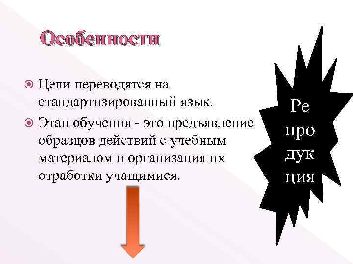 Особенности Цели переводятся на стандартизированный язык. Этап обучения - это предъявление образцов действий с