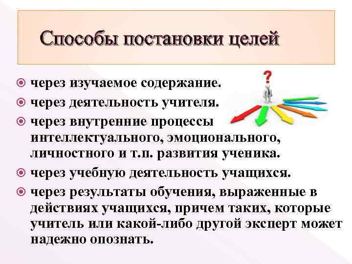Способы постановки целей через изучаемое содержание. через деятельность учителя. через внутренние процессы интеллектуального, эмоционального,