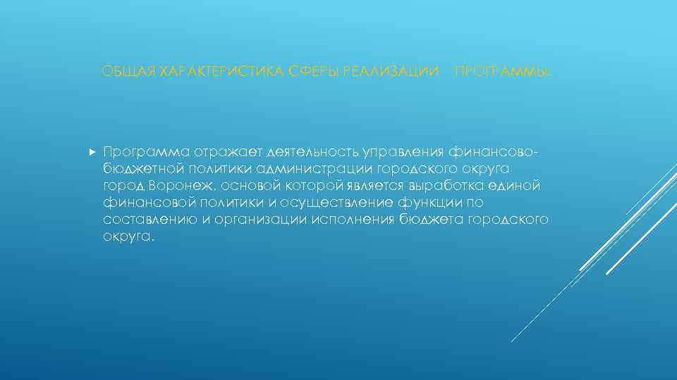 ОБЩАЯ ХАРАКТЕРИСТИКА СФЕРЫ РЕАЛИЗАЦИИ ПРОГРАММЫ: Программа отражает деятельность управления финансовобюджетной политики администрации городского округа