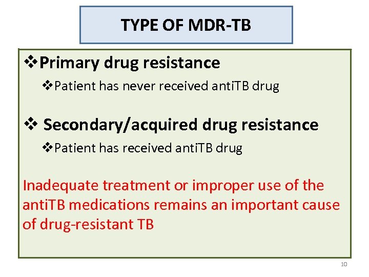 TYPE OF MDR-TB v. Primary drug resistance v. Patient has never received anti. TB