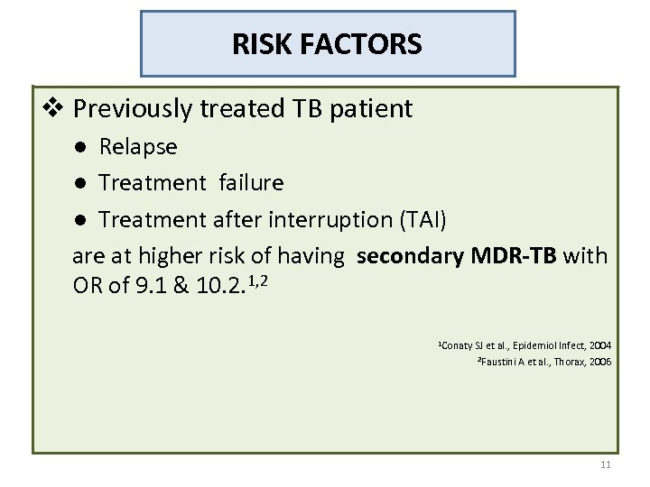 RISK FACTORS v Previously treated TB patient ● Relapse ● Treatment failure ● Treatment