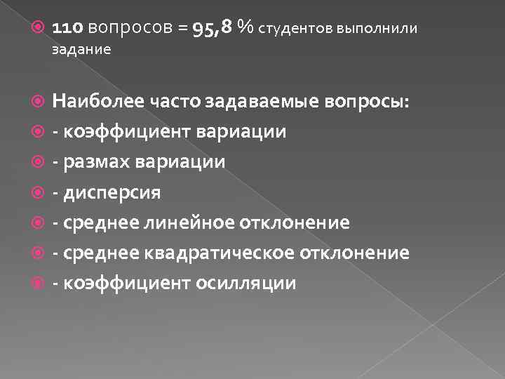  110 вопросов = 95, 8 % студентов выполнили задание Наиболее часто задаваемые вопросы: