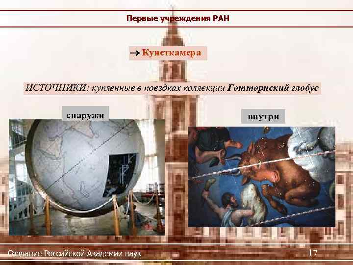 Первые учреждения РАН Кунсткамера ИСТОЧНИКИ: купленные в поездках коллекции Готторпский глобус снаружи Создание Российской