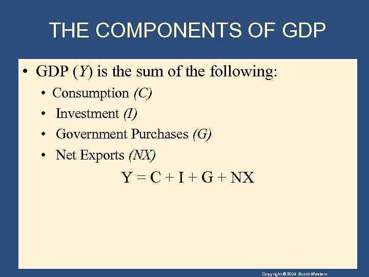 THE COMPONENTS OF GDP • GDP (Y) is the sum of the following: •