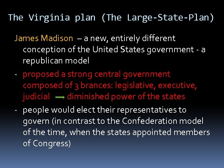 The Virginia plan (The Large-State-Plan) James Madison – a new, entirely different conception of
