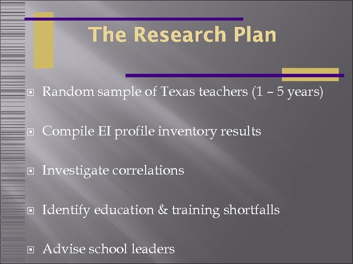 The Research Plan Random sample of Texas teachers (1 – 5 years) Compile EI
