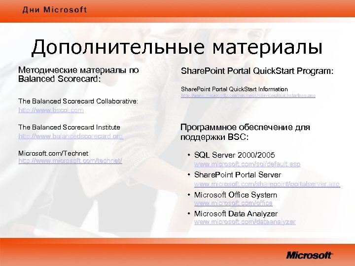 Дополнительные материалы Методические материалы по Balanced Scorecard: Share. Point Portal Quick. Start Program: Share.