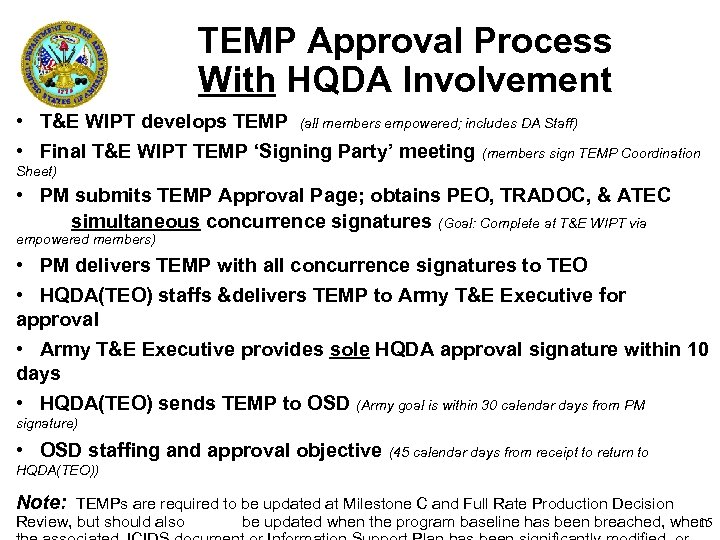 TEMP Approval Process With HQDA Involvement • T&E WIPT develops TEMP (all members empowered;