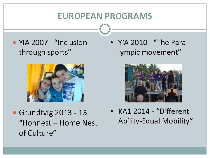EUROPEAN PROGRAMS Yi. A 2007 - “Inclusion • Yi. A 2010 - “The Paralympic