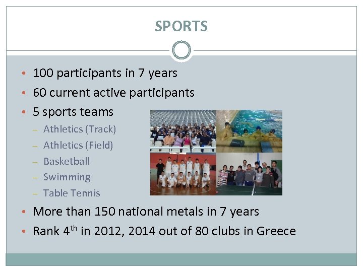 SPORTS • 100 participants in 7 years • 60 current active participants • 5