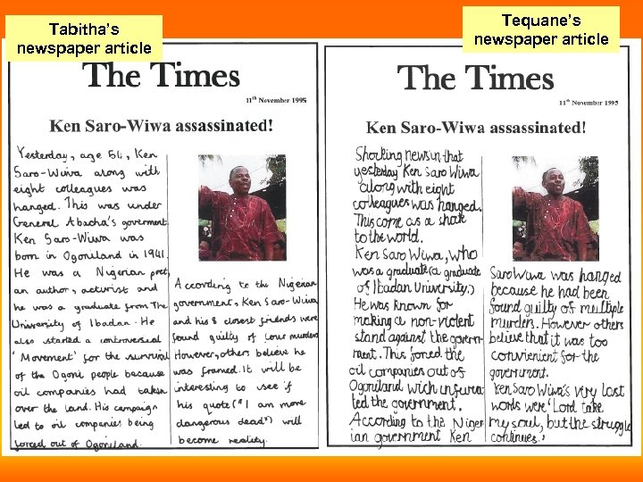 Tabitha’s newspaper article Tequane’s newspaper article 