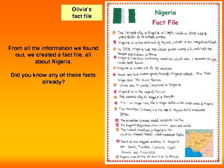 Olivia’s fact file From all the information we found out, we created a fact