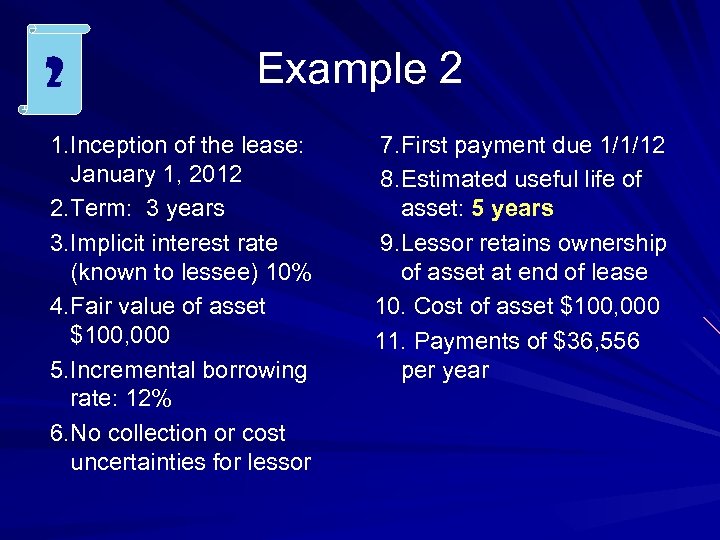 2 Example 2 1. Inception of the lease: January 1, 2012 2. Term: 3
