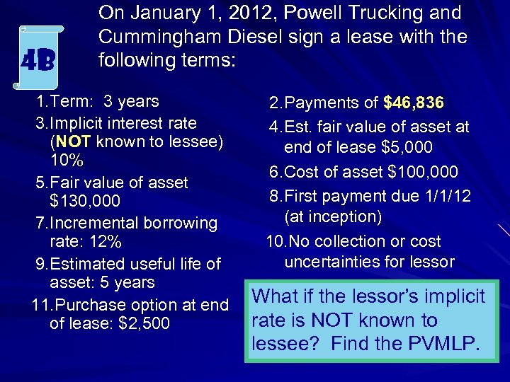 4 b On January 1, 2012, Powell Trucking and Cummingham Diesel sign a lease