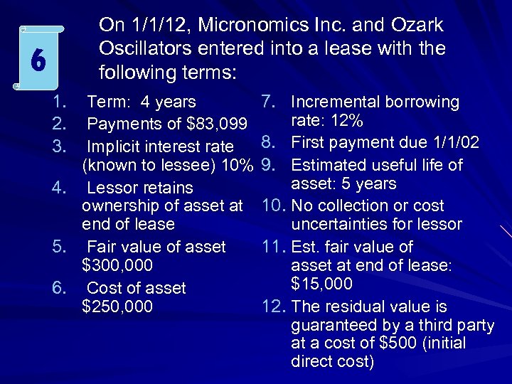 On 1/1/12, Micronomics Inc. and Ozark Oscillators entered into a lease with the following
