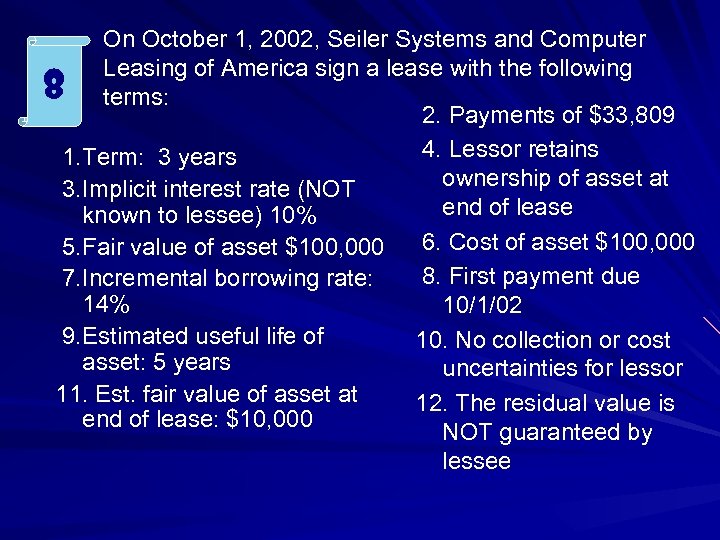 On October 1, 2002, Seiler Systems and Computer Leasing of America sign a lease