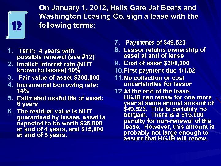 12 On January 1, 2012, Hells Gate Jet Boats and Washington Leasing Co. sign