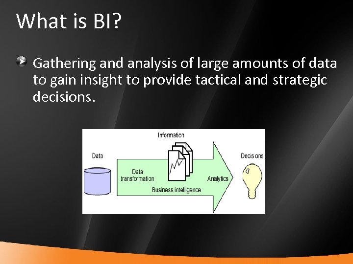 What is BI? Gathering and analysis of large amounts of data to gain insight