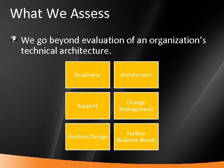 What We Assess We go beyond evaluation of an organization’s technical architecture. Readiness Support