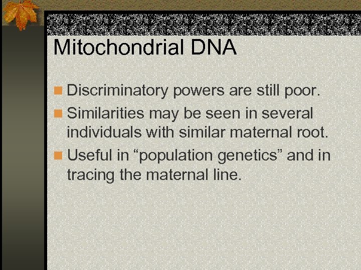 Mitochondrial DNA n Discriminatory powers are still poor. n Similarities may be seen in