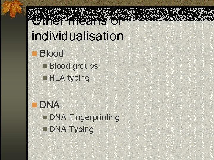 Other means of individualisation n Blood groups n HLA typing n DNA Fingerprinting n