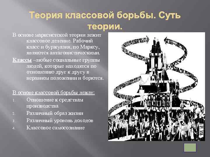 Теория классовой борьбы. Суть теории. В основе марксистской теории лежит классовое деление. Рабочий класс