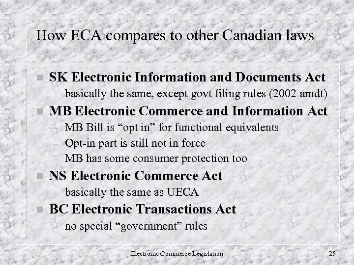 How ECA compares to other Canadian laws n SK Electronic Information and Documents Act