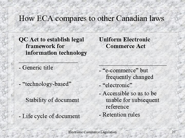 How ECA compares to other Canadian laws QC Act to establish legal framework for