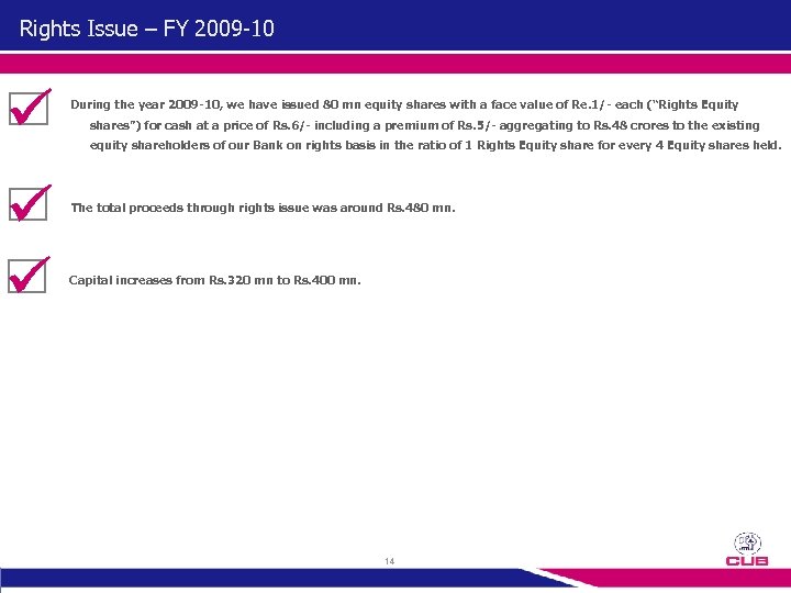Rights Issue – FY 2009 -10 During the year 2009 -10, we have issued