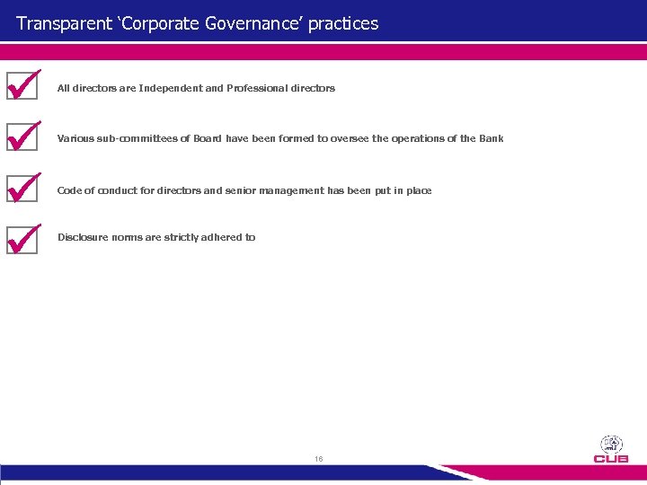 Transparent ‘Corporate Governance’ practices All directors are Independent and Professional directors Various sub-committees of