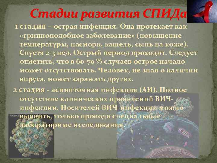 Стадии развития СПИДа 1 стадия – острая инфекция. Она протекает как «гриппоподобное заболевание» (повышение