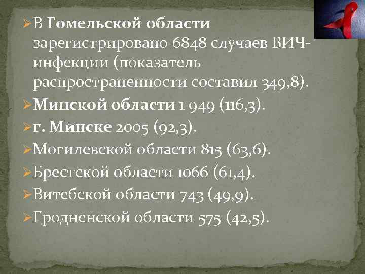ØВ Гомельской области зарегистрировано 6848 случаев ВИЧинфекции (показатель распространенности составил 349, 8). ØМинской области