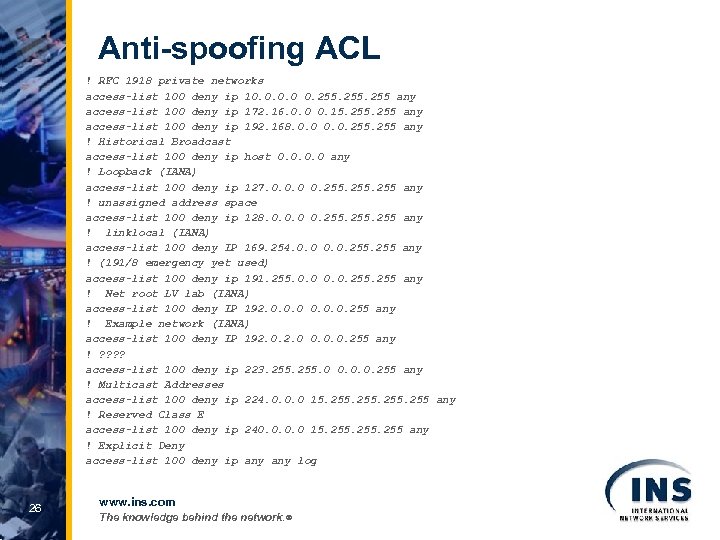 Anti-spoofing ACL ! RFC 1918 private networks access-list 100 deny ip 10. 0 0.