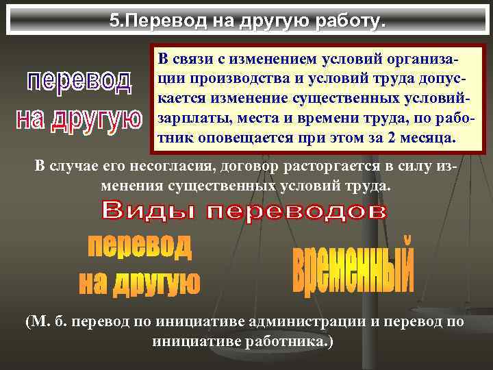 5. Перевод на другую работу. В связи с изменением условий организации производства и условий