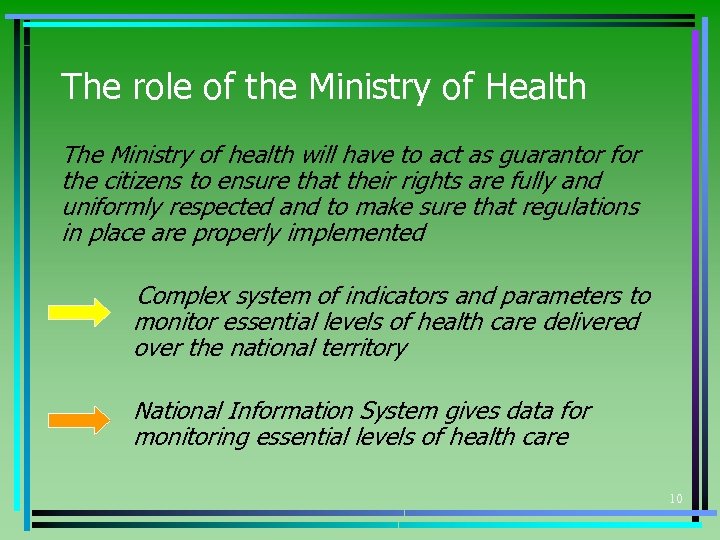 The role of the Ministry of Health The Ministry of health will have to