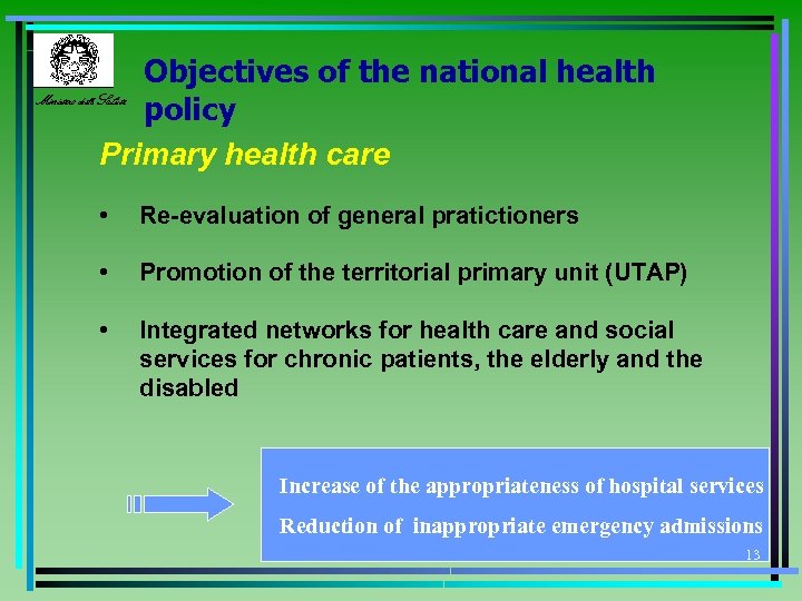 Objectives of the national health Ministero della Salute policy Primary health care • Re-evaluation