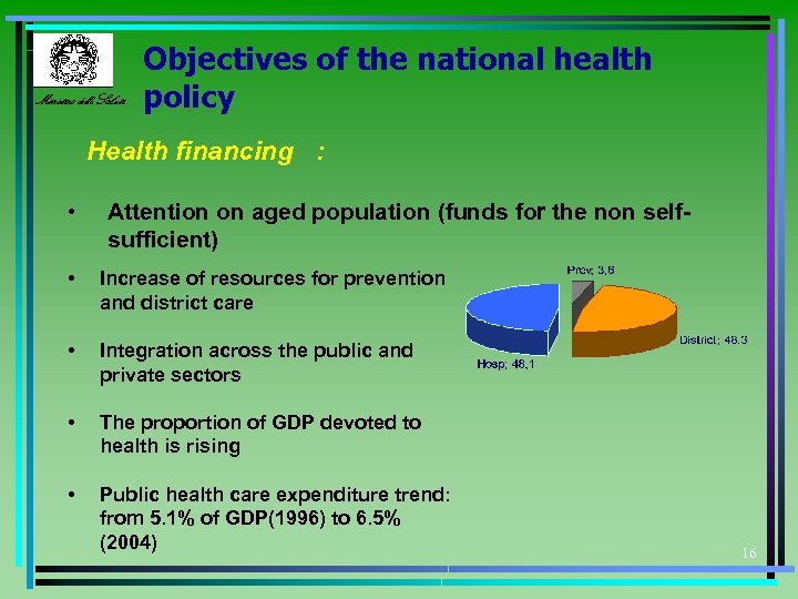 Ministero della Salute Objectives of the national health policy Health financing : • Attention