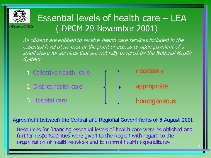 Essential levels of health care – LEA Ministero della Salute ( DPCM 29 November