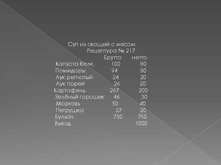 Суп из овощей с мясом Рецептура № 217 Брутто нетто Капуста белк. 100 80