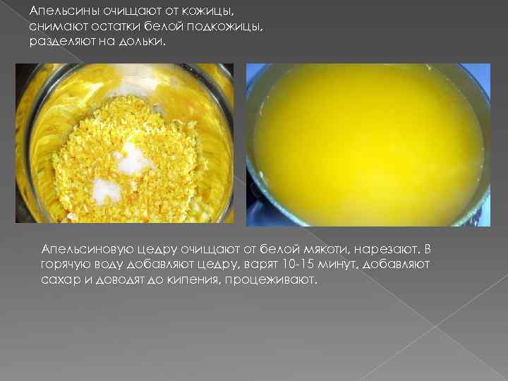 Апельсины очищают от кожицы, снимают остатки белой подкожицы, разделяют на дольки. Апельсиновую цедру очищают