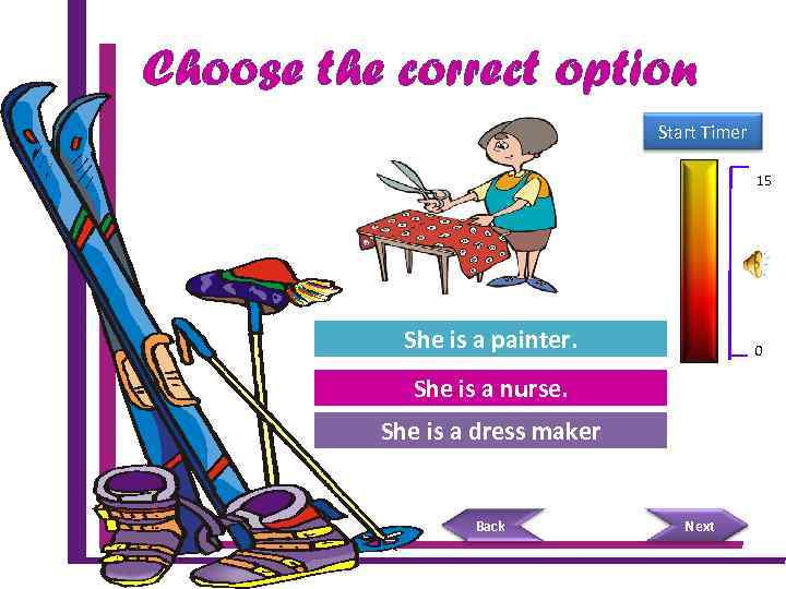 Choose the correct option Start Timer 15 Seconds 15 Try painter. She is a.