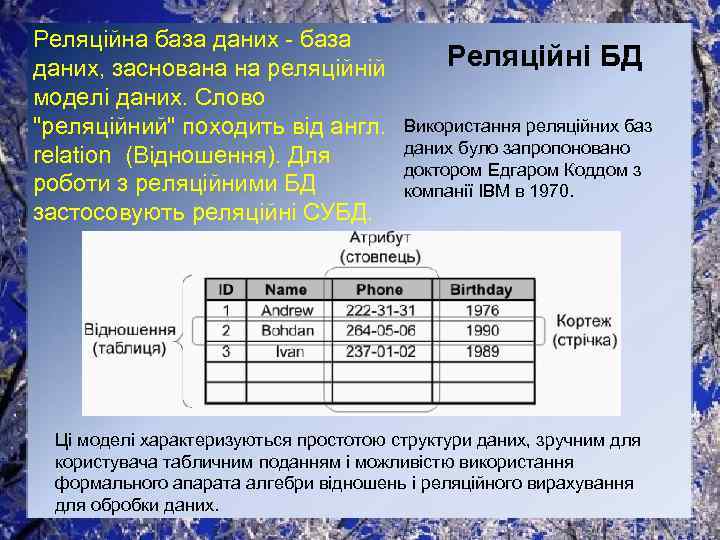 Реляційна база даних, заснована на реляційній моделі даних. Слово "реляційний" походить від англ. relation