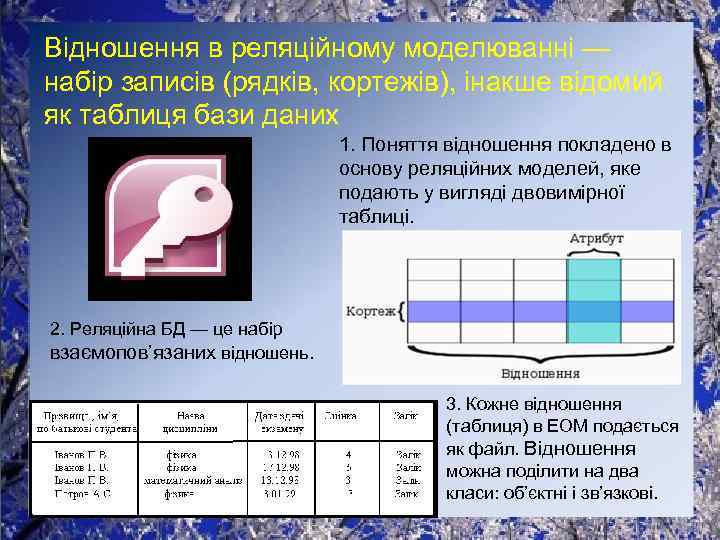 Відношення в реляційному моделюванні — набір записів (рядків, кортежів), інакше відомий як таблиця бази