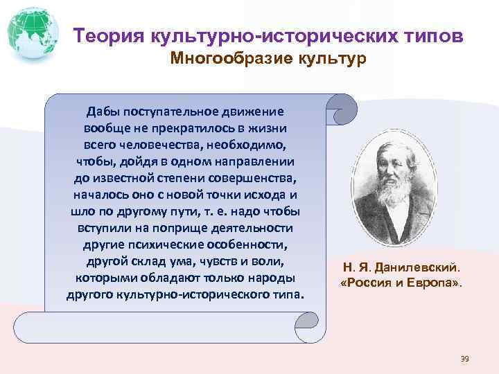 Теория культурно-исторических типов Многообразие культур Дабы поступательное движение вообще не прекратилось в жизни всего