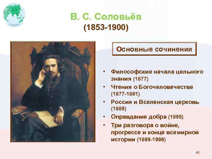 В. С. Соловьёв (1853 -1900) Основные сочинения • Философские начала цельного знания (1877) •