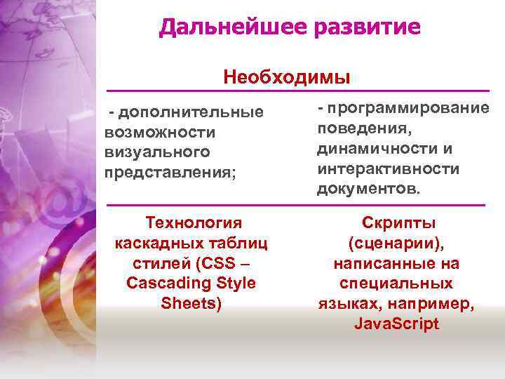 Дальнейшее развитие Необходимы - дополнительные возможности визуального представления; Технология каскадных таблиц стилей (CSS –