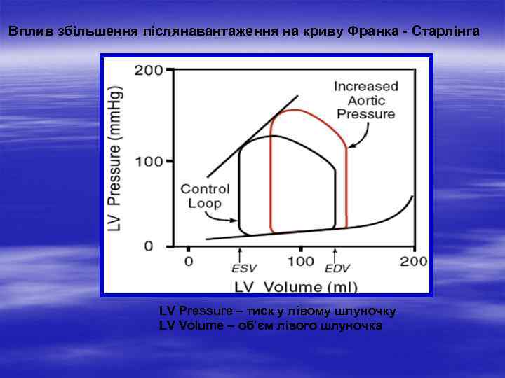 Вплив збільшення післянавантаження на криву Франка - Старлінга LV Pressure – тиск у лівому