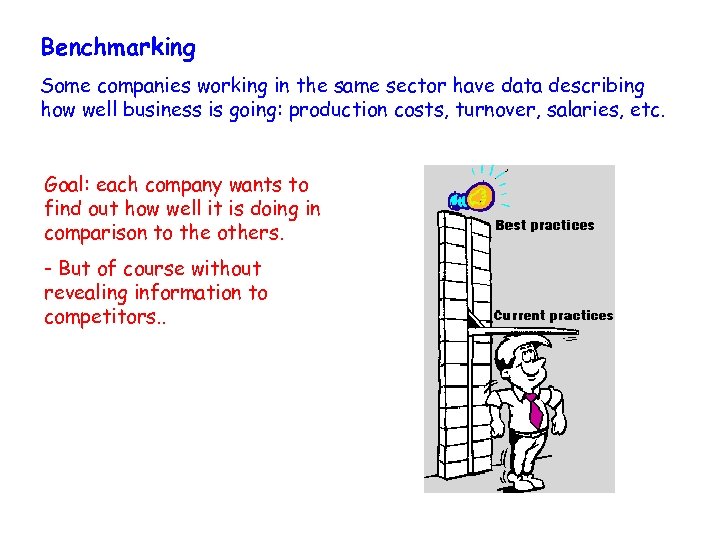 Benchmarking Some companies working in the same sector have data describing how well business